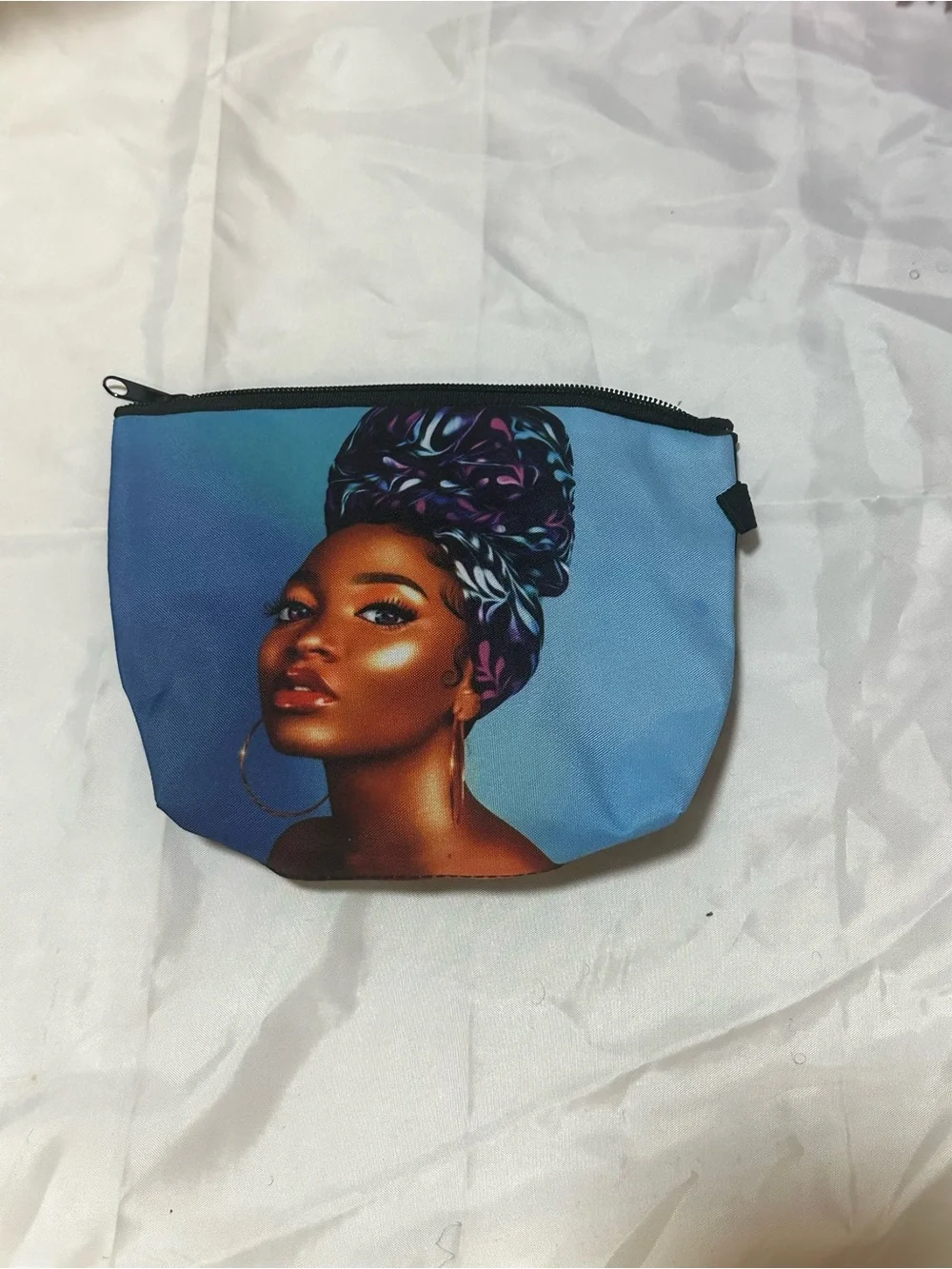 Blue Graphic Cosmetic Pouch with Headwrap Portrait